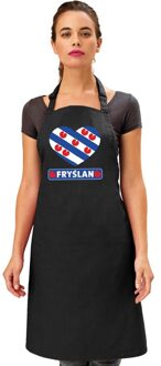 Bellatio Decorations Friesche vlag in hart keukenschort/ barbecueschort zwart heren en dames - I love Friesland schort