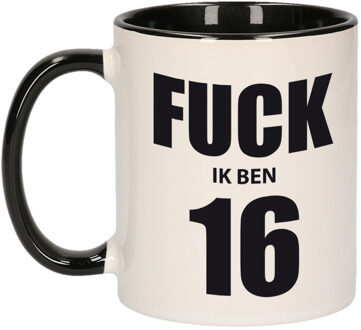 Bellatio Decorations Fuck ik ben 16 mok / beker zwart wit 300 ml - Verjaardag mokken