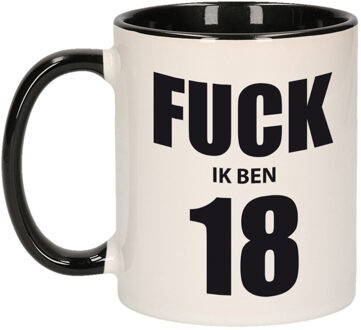 Bellatio Decorations Fuck ik ben 18 mok / beker zwart wit 300 ml - Verjaardag mokken