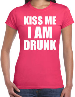 Bellatio Decorations Fun t-shirt - kiss me I am drunk - roze - dames - Feest outfit / kleding / shirt XL