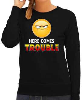 Bellatio Decorations Funny emoticon sweater Here comes trouble zwart dames XS