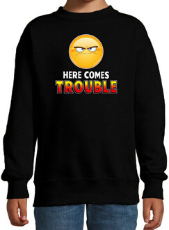 Bellatio Decorations Funny emoticon sweater Here comes trouble zwart kids 12-13 jaar (152/164)