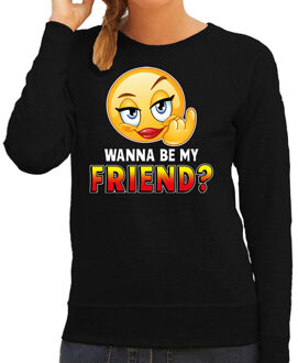 Bellatio Decorations Funny emoticon sweater Wanna be my friend zwart voor dames XS