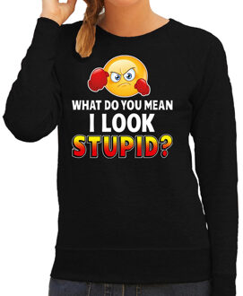 Bellatio Decorations Funny emoticon sweater What do you mean look stupid zwart dames 2XL