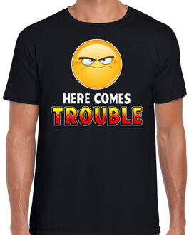 Bellatio Decorations Funny emoticon t-shirt Here comes trouble zwart heren 2XL