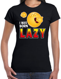 Bellatio Decorations Funny emoticon t-shirt i was born lazy zwart voor dames XS