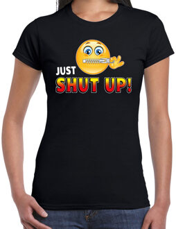 Bellatio Decorations Funny emoticon t-shirt just shut up zwart dames XS