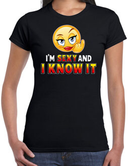 Bellatio Decorations Funny emoticon t-shirt Sexy and i know it zwart dames 2XL