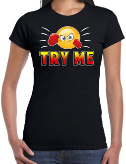 Bellatio Decorations Funny emoticon t-shirt Try me zwart voor dames XS