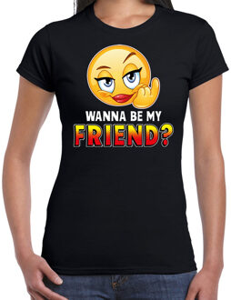 Bellatio Decorations Funny emoticon t-shirt Wanna be my friend zwart dames M