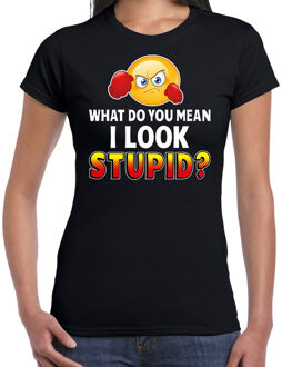 Bellatio Decorations Funny emoticon t-shirt What do you mean i look stupid zwart voor M