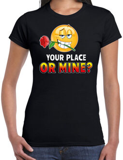 Bellatio Decorations Funny emoticon t-shirt Your place or mine zwart dames XS