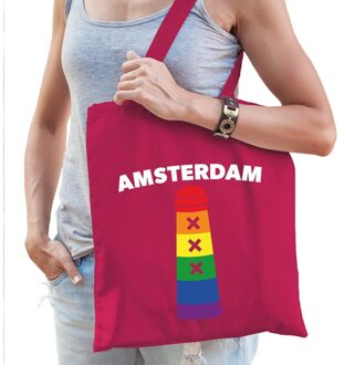 Bellatio Decorations Gay pride Amsterdamse paal regenboog katoenen tas fuchsia roze -  lhbt accessoire