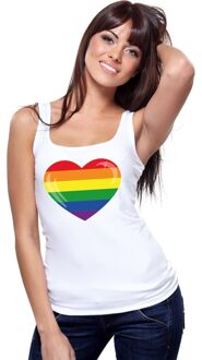 Bellatio Decorations Gay pride mouwloos shirt Regenboog vlag in hart wit dames M - Feestshirts