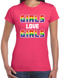 Bellatio Decorations Gay Pride shirt - girls love girls - regenboog - dames - roze 2XL - Feestshirts