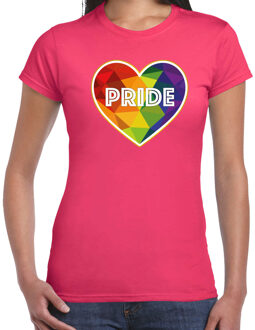 Bellatio Decorations Gay Pride shirt - pride hartje - regenboog - dames - roze 2XL - Feestshirts