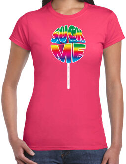 Bellatio Decorations Gay Pride shirt - suck me - regenboog - dames - roze 2XL - Feestshirts