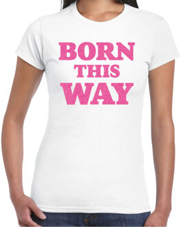 Bellatio Decorations Gay Pride T-shirt dames - born this way - wit - roze glitter - LHBTI L