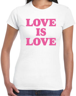 Bellatio Decorations Gay Pride T-shirt dames - love is love - wit - roze glitter - LHBTI 2XL