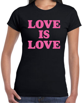 Bellatio Decorations Gay Pride T-shirt dames - love is love - zwart - roze glitter - LHBTI M
