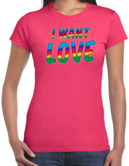 Bellatio Decorations Gay Pride t-shirt - dames - roze - I want love - LHBTI 2XL - Feestshirts