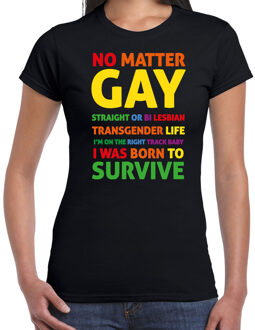 Bellatio Decorations Gay Pride t-shirt - dames - zwart - Born to survive - LHBTI 2XL - Feestshirts