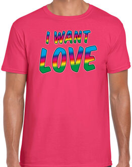 Bellatio Decorations Gay Pride t-shirt met tekst - heren - roze - I want love - LHBTI