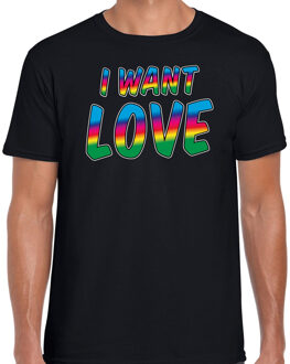 Bellatio Decorations Gay Pride t-shirt met tekst - heren - zwart - I want love - LHBTI