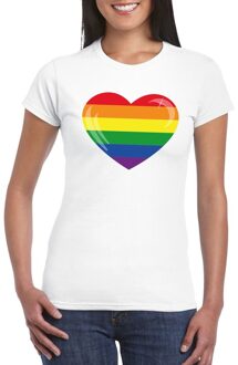 Bellatio Decorations Gay pride T-shirt Regenboog vlag in hart wit dames 2XL - Feestshirts