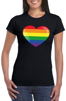 Bellatio Decorations Gay pride T-shirt Regenboog vlag in hart zwart dames 2XL - Feestshirts