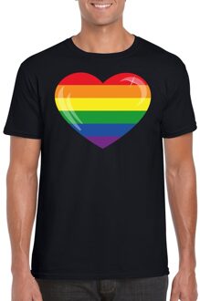 Bellatio Decorations Gay pride T-shirt Regenboog vlag in hart zwart heren 2XL - Feestshirts