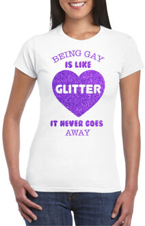 Bellatio Decorations Gay Pride T-shirt voor dames - being gay is like glitter - wit/paars - glitters - LHBTI XL