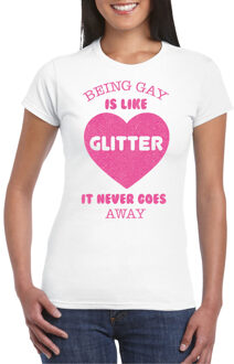 Bellatio Decorations Gay Pride T-shirt voor dames - being gay is like glitter - wit/roze - glitters - LHBTI M