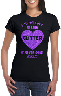 Bellatio Decorations Gay Pride T-shirt voor dames - being gay is like glitter - zwart/paars - glitters - LHBTI M