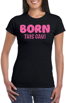 Bellatio Decorations Gay Pride T-shirt voor dames - born this gay - zwart - roze glitter - LHBTI 2XL