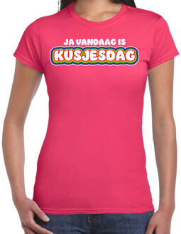 Bellatio Decorations Gay Pride T-shirt voor dames - fuchsia roze - kusjesdag - regenboog - LHBTI 2XL