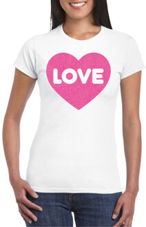 Bellatio Decorations Gay Pride T-shirt voor dames - liefde/love - wit - roze glitter hart - LHBTI S