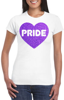 Bellatio Decorations Gay Pride T-shirt voor dames - pride - paars glitter hartje - wit - LHBTI XS