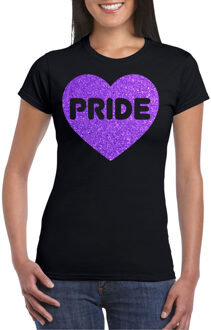 Bellatio Decorations Gay Pride T-shirt voor dames - pride - paars glitter hartje - zwart - LHBTI XL