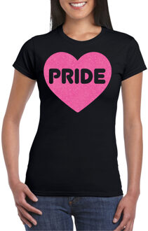 Bellatio Decorations Gay Pride T-shirt voor dames - pride - roze glitter hartje - zwart - LHBTI 2XL