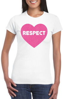 Bellatio Decorations Gay Pride T-shirt voor dames - respect - wit - roze glitter hart - LHBTI XS