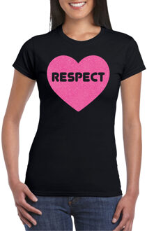 Bellatio Decorations Gay Pride T-shirt voor dames - respect - zwart - roze glitter hart - LHBTI 2XL