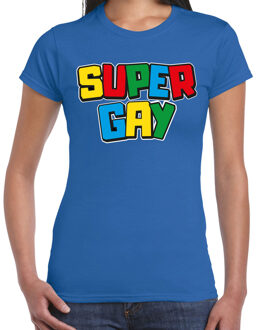 Bellatio Decorations Gay Pride T-shirt voor dames - super gay - blauw - pride - regenboog - LHBTI 2XL