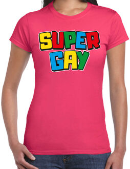 Bellatio Decorations Gay Pride T-shirt voor dames - super gay - fuchsia - pride - regenboog - LHBTI 2XL