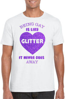 Bellatio Decorations Gay Pride T-shirt voor heren - being gay is like glitter - wit/paars - glitters - LHBTI 2XL