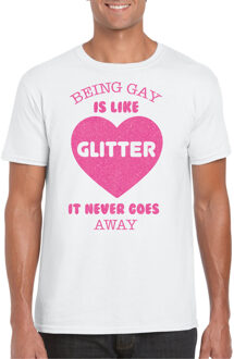 Bellatio Decorations Gay Pride T-shirt voor heren - being gay is like glitter - wit/roze - glitters - LHBTI