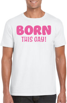 Bellatio Decorations Gay Pride T-shirt voor heren - born this gay - wit - roze glitter - LHBTI 2XL