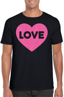 Bellatio Decorations Gay Pride T-shirt voor heren - liefde/love - zwart - roze glitter hart - LHBTI 2XL