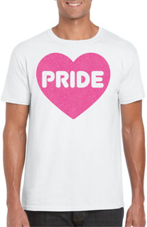 Bellatio Decorations Gay Pride T-shirt voor heren - pride - roze glitter hartje - wit - LHBTI XL