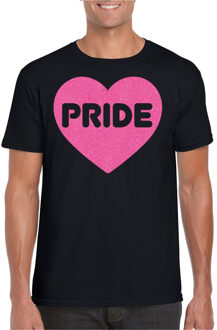 Bellatio Decorations Gay Pride T-shirt voor heren - pride - roze glitter hartje - zwart - LHBTI L
